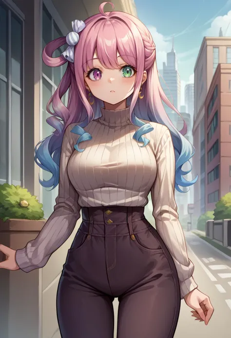 a woman with long pink hair and blue eyes is standing in the middle of a city street