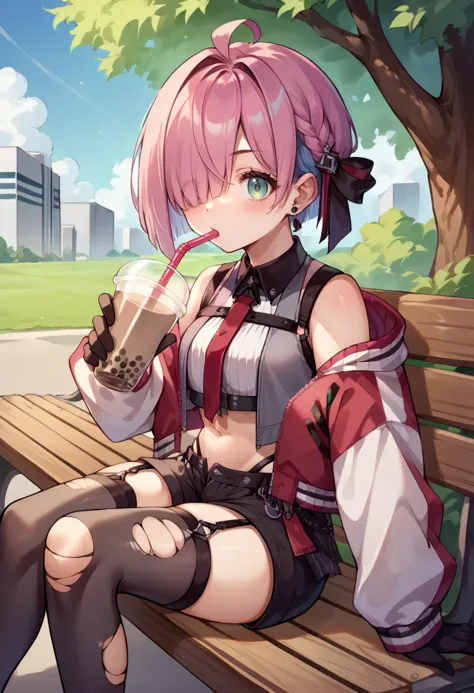 score_9, score_8_up, source_anime, LunaStreetwear, short hair, hair over one eye, sleeveless shirt, crop top, red necktie, arm strap, black shorts, highleg, black gloves, garter straps, torn thighhighs, jacket, outdoors, sitting, on bench, drinking, sipping, straw, bubble tea, <lora:ChamHimemoriLunaPonyXL:0.9>