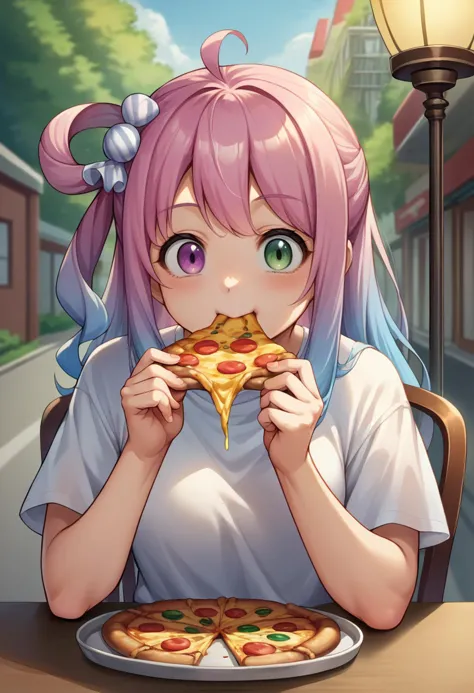 anime girl eating a slice of pizza on a table