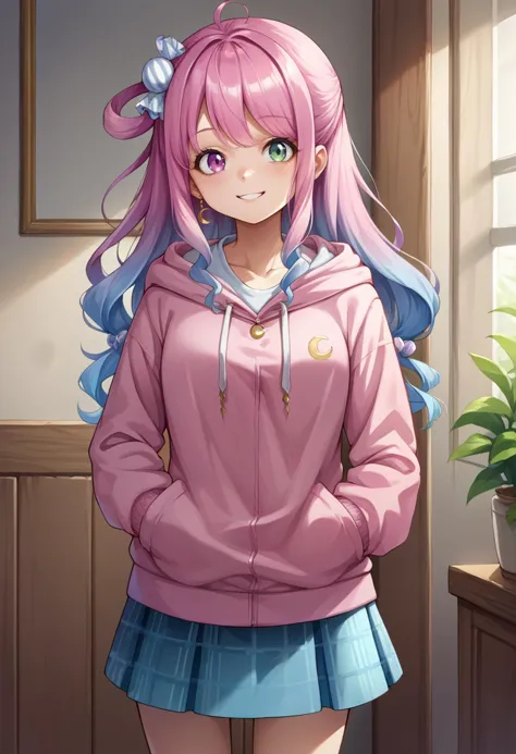 a woman with pink hair and blue eyes standing in a room