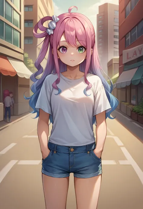 anime girl with pink hair and blue shorts standing in the middle of a street