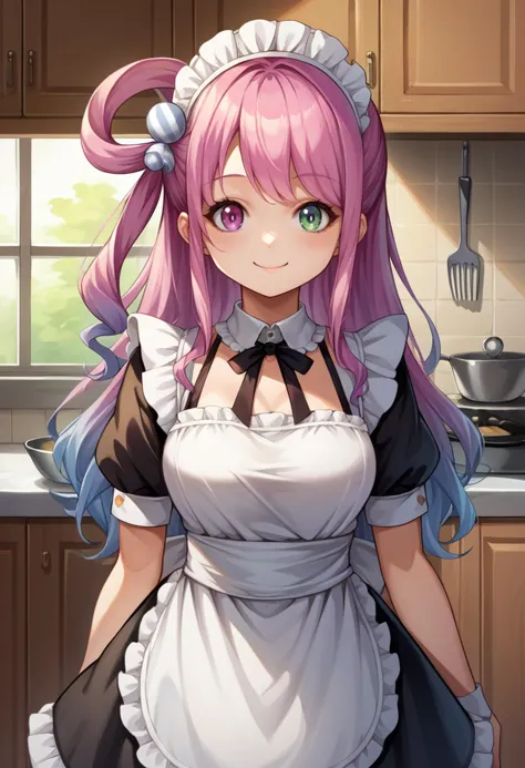 a woman in a maid outfit standing in a kitchen