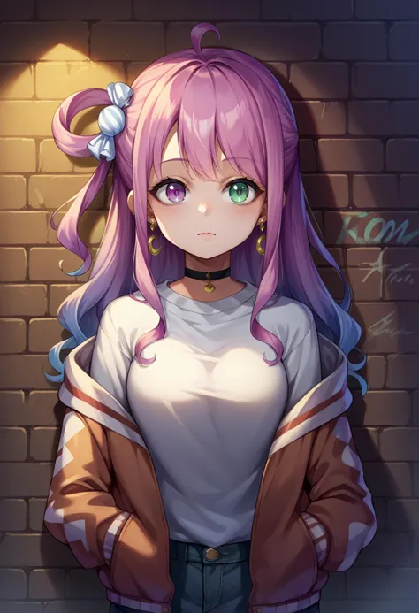 score_9, score_8_up, source_anime, HimemoriLuna, heterochromia, long hair, single hair ring, candy hair ornament, earrings, sharp eyes, choker, neon shirt, open jacket, turtleneck sweater, night, against wall, brick wall, graffiti, dim lighting, alley, looking at viewer, <lora:ChamHimemoriLunaPonyXL:0.9>