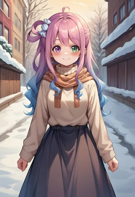 score_9, score_8_up, source_anime, HimemoriLuna, heterochromia, long hair, single hair ring, candy hair ornament, turtleneck sweater, long skirt, outdoors, scarf, winter, smile, blush, <lora:ChamHimemoriLunaPonyXL:0.9>