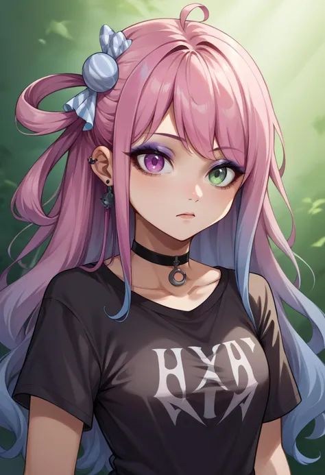 score_9, score_8_up, source_anime, HimemoriLuna, heterochromia, long hair, single hair ring, candy hair ornament, black shirt, t-shirt, black choker, goth, eyeliner, eyeshadow, <lora:ChamHimemoriLunaPonyXL:0.9>