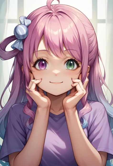 a girl with pink hair and a bow is sitting down