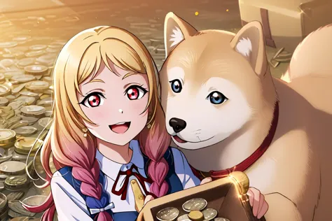 anime girl holding a box with a dog and a box of coins