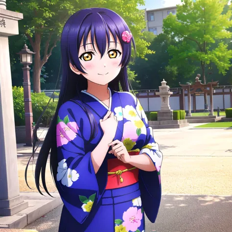 anime girl in a kimono outfit standing in front of a building