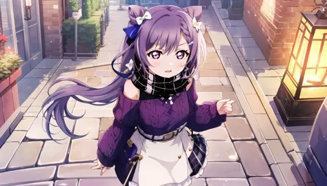 1girl, from above, standing, looking at viewer, full body,
<lora:keqingGenshinImpact3in1_v10:1>keqing (lantern rite) (genshin impact), keqing (genshin impact),
hair bun, skirt, scarf, purple sweater, white skirt, purple hair, sweater, twintails, purple eyes, diamond-shaped pupils, hair ornament, bare shoulders,
breasts, cone hair bun, long hair, belt, double bun, long sleeves, bangs, bow, hair flower, hair bow,ribbon, hair ribbon, braid, plaid scarf, plaid, off shoulder
<lora:lLAS_v10:0.8>