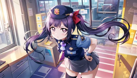 anime girl in uniform standing in a train station