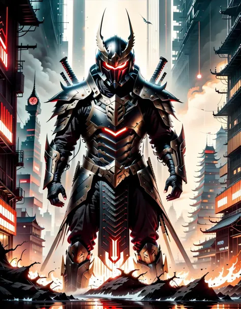 A stunning drkfntasy cyberpunk samurai adorned in traditional armor, riding a sleek flying motorcycle soars through a neon-lit cityscape at night, Buildings tower above, windows aglow, mastery of both modern machinery and ancient martial arts, emphasizing the convergence of past and present in this dystopian world, arresting image combines elements of science fiction action and Eastern culture to create an instantly recognizable motif that speaks volumes about the evolution of society and the role of individuals in shaping its destiny, 