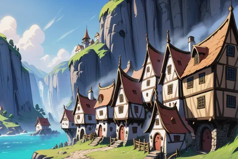 cartoon illustration of a village by the sea with a mountain in the background