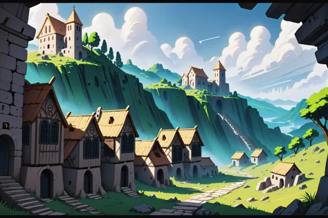 cartoon illustration of a small village in a mountainous area