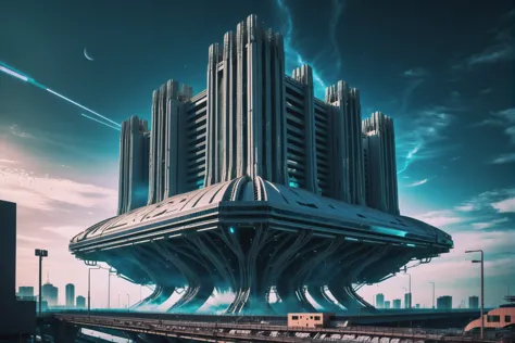 a large futuristic building with a train passing by it