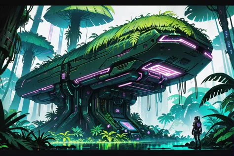 a man standing in front of a futuristic spaceship in a jungle