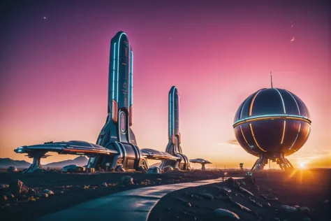 spaceships and spaceships are parked on a rocky surface at sunset