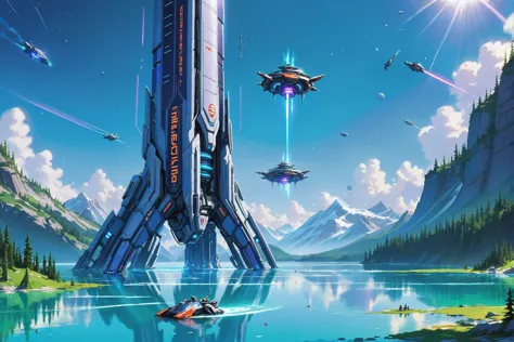 a futuristic spaceship flying over a lake with a mountain in the background