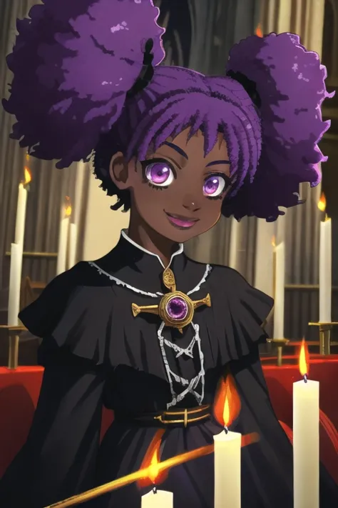 a woman with purple hair and a purple dress holding a candle