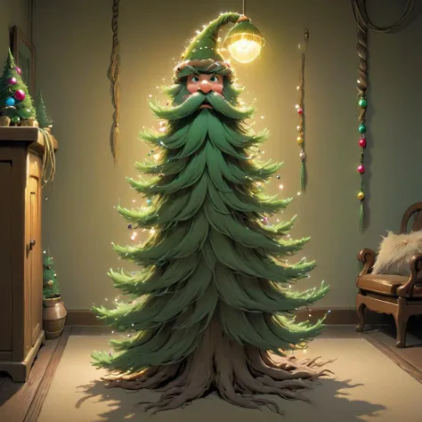 <lora:studio_ghibli_xl_v1:0.8> Studio Ghibli,  Harry_Dwarf as a Pine Tree, planted in a sideways flower pot,  looking at viewer, flowing long green beard,pine needles, roots, tree beard, wrapped in tinsel, decorated beard,  braided moustache, tinsel bangles,pointy ears, <lora:Harry_Dwarf_1.5:1>, back lighting, beautiful lighting, living room, baubles, santa hat