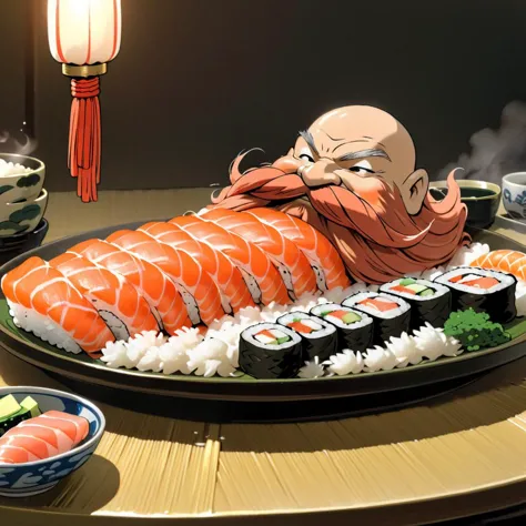 <lora:studio_ghibli_xl_v1:1.5> Studio Ghibli, spirited away, cartoon style, magical, Harry_Dwarf, laying on a bed of rice,  flow...