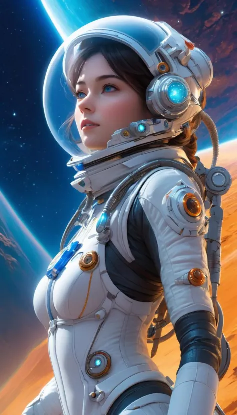 In a retro-futuristic setting reminiscent of 1950s sci-fi, an alien ant girl  warrior dons a sleek, silver spacesuit with bubble helmet. She confidently  explores an otherworldly landscape, surrounded by vibrant, oversized  mushrooms