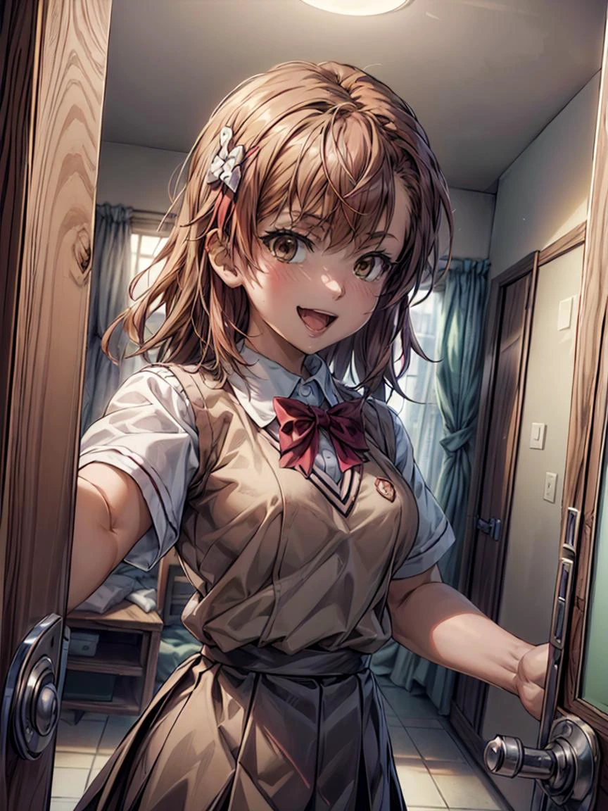 (((pixel-perfect, detail-perfect)))  best quality, masterpiece,  1girl   misaka mikoto    tokiwadai , bow  :d     pov doorway upper body, opening door,