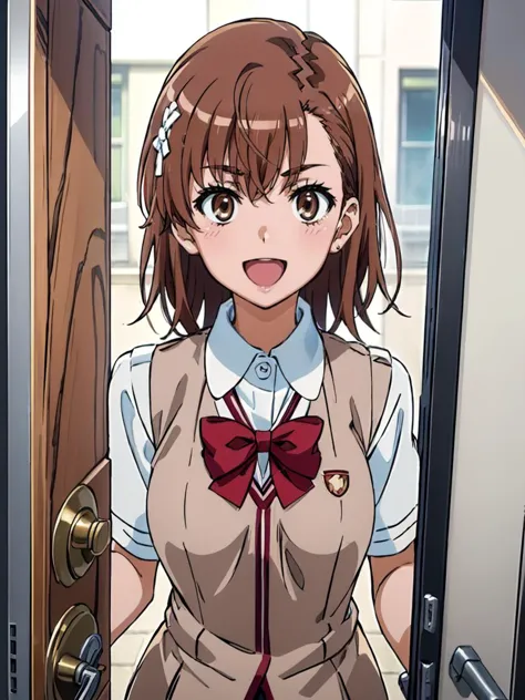 (((pixel-perfect, detail-perfect)))  best quality, masterpiece,  1girl   misaka mikoto    tokiwadai school uniform, bow  :d     pov doorway upper body, opening door,