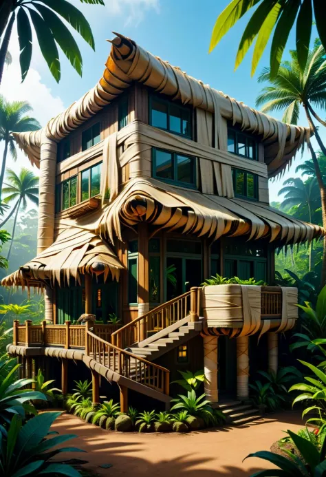 hyper detailed masterpiece, dynamic, awesome quality, seaside resort home in tropical rainforest biome, wrapped in bandages <lor...