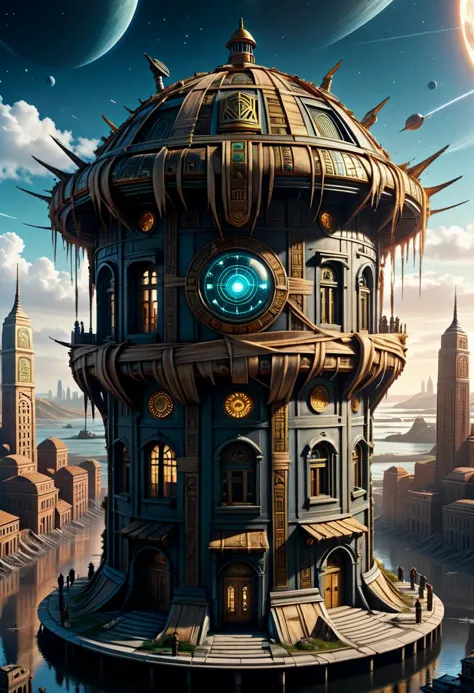 hyper detailed masterpiece, dynamic, awesome quality,  dystopian cityscape cupola,shield,tidal estuary,celestial orbits, wrapped...