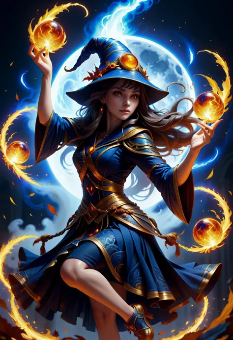 hyper detailed masterpiece, dynamic, awesome quality, female wizard  Exercising bewitch shaped like Cascade of navyblue eclipse ...