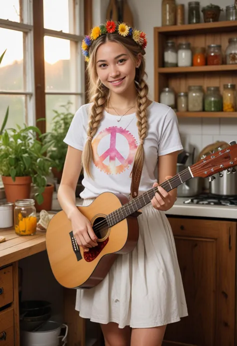 (medium full shot) of (bohemian hippie) young woman, chinese, light skin, brown eyes, average build, long blonde single braid ha...