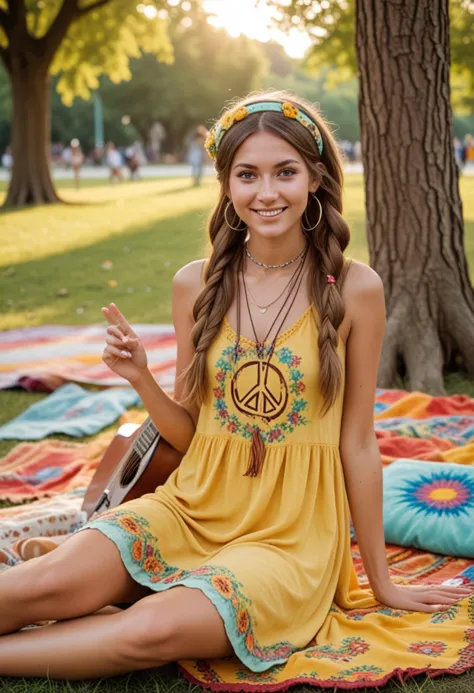 (medium full shot) of (natural hippie) young woman, italian, tan skin, mint green eyes, slim build, long brown pigtails hair, wearing a yellow asymmetric dress with floral patterns, peace sign headband, suede flats, peace sign pendant, tie-dye scarf, set in the 1960s, in  park Gathering, open space with people sitting on blankets, playing guitars, singing together, colorful tapestries hanging from tree branches, during sunset, woman smiling, Masterpiece,best quality, photo, realistic, very aesthetic, detailed face,