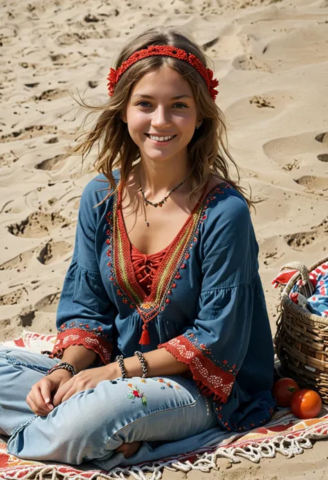 (medium full shot) of (free-spirited hippie) young woman, russian, tan skin, olive green eyes, Medium build, short red hime cut hair, wearing a blue embroidered tunic, bell-bottom jeans, feathered headband, barefoot, macrame bracelets, handmade wrap, set in the 1960s, in  beach Picnic, people sitting on blankets with picnic baskets, children building sandcastles, surfboards propped up in the sand, bright sun overhead , woman smiling, ,Masterpiece,best quality, photo, realistic, very aesthetic, detailed face,