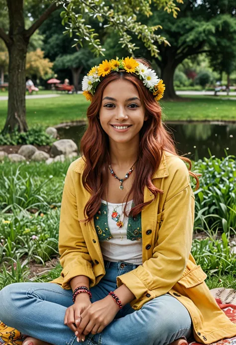 (medium full shot) of (peace-loving hippie) young woman, arabian, tan skin, brown eyes, medium build, long red retro hair, weari...