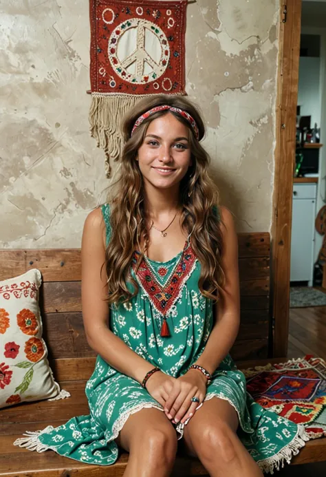 (medium full shot) of (unconventional hippie) young woman, italian, tan skin, jade green eyes, Medium build, long hazel wavy down hair, wearing a floral patterns shift dress, bandana, moccasins, peace sign pendant, tie-dye scarf, set in the 1960s, in  communal Living Area, cozy space with floor cushions, low wooden tables, macramé wall hangings, acoustic guitar resting against the wall, at night, woman smiling, ,Masterpiece,best quality, photo, realistic, very aesthetic, detailed face,