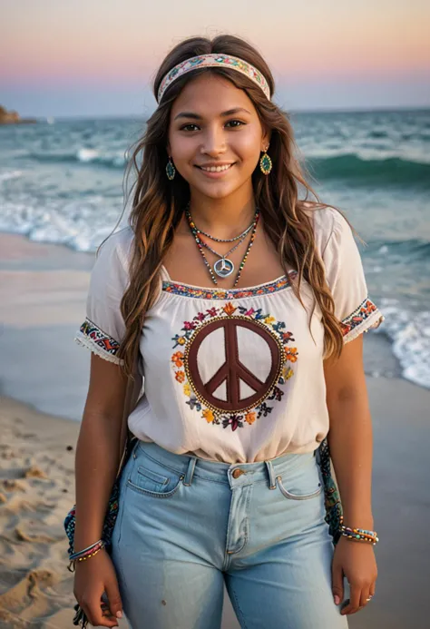 (medium full shot) of (laid-back hippie) young woman, native american, mocha skin, light brown eyes, full-figured build, short b...