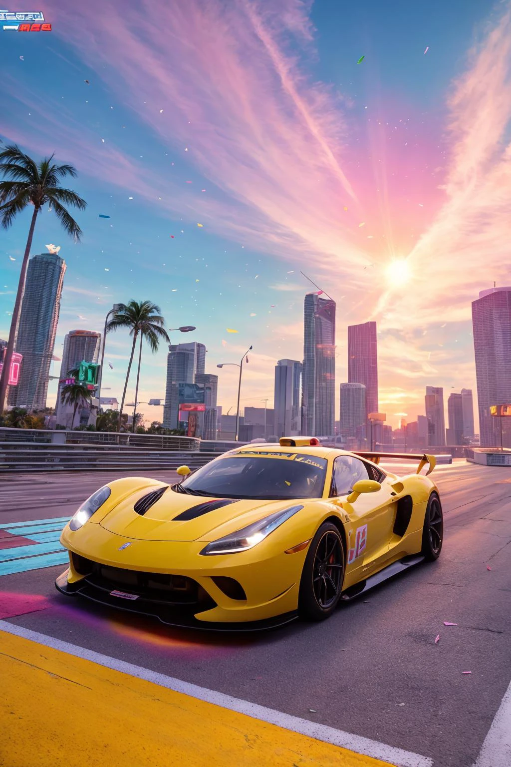 bright sunny day beautiful cloudy sky sunset sports car racing down cyberpunk Miami city streets neon signs and crowds confetti debris dust wind volumetric fog exciting epic action camera, (masterpiece:1.2) (photorealistic:1.2) (bokeh) (best quality) (detailed skin) (intricate) (8k) (HDR) (cinematic lighting) (sharp focus)