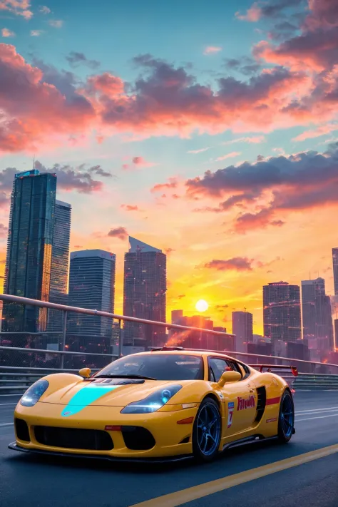 bright sunny day beautiful cloudy sky sunset sports car racing down cyberpunk Miami city streets neon signs and crowds confetti ...