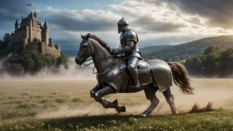 photorealistic, masterpiece, cinematic composition, general shot photography of a (charging medieval knight wearing grey metalic...