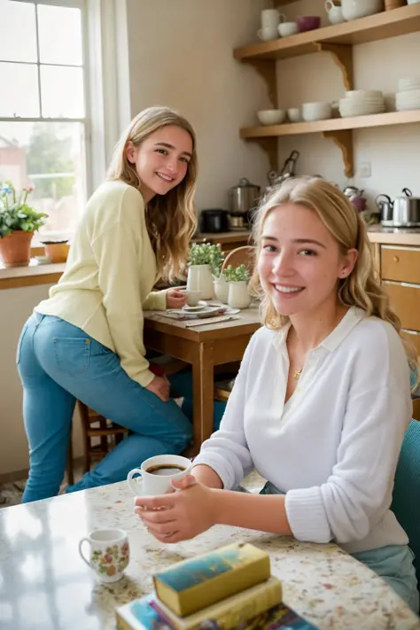 2girls women sitting at a kitchen table drinking coffee in large modern luxury home casual clothing
love warmth caring compassion loving  smiling Lighting-Gold dusty (masterpiece:1.2) (photorealistic:1.2) (bokeh) (best quality) (detailed skin) (intricate) ...