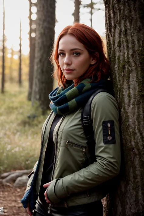 KimberlyNobodySD15 beautiful college woman, (freckles), in hiking gear, yellow shirt, green camouflage jacket , black long pants, scarf, gloves, outside in forest, circle of mushrooms, ((slim, petite)), wide smile, orange hair, wearing very detailed leathe...