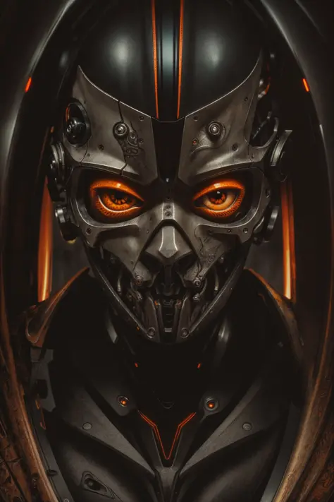 a close up symmetrical portrait of a cyberpunk gangster, biomechanical, mshn robot, splashes of orange red, hyper realistic, intricate design, (insanely detailed:1.4), (extremely fine details:1.35), Extremely sharp lines, steel, cinematic lighting, Photore...