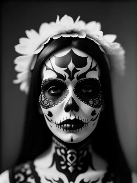 Masterpiece, digital photography, portrait of a woman, skull face painting, santa muerte, ultra realistic,
