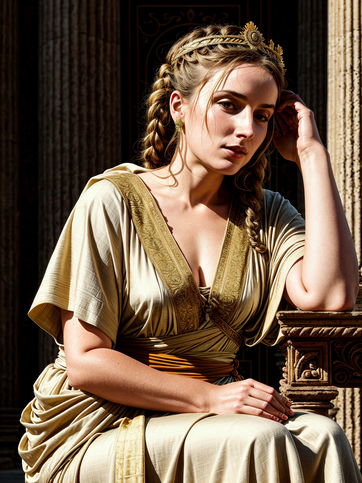 逼真的, 最好的品質, 原始照片, 電影構圖, 古羅馬帝國一位美麗女子坐著的側視中景, (頭低下, 向下看:1.4), (淡淡一笑, 沉思的樣子), (穿著 (長款寬鬆布料:1.2) 古典風格的束腰外衣, 豐富的古風身體配件, 神話般的王冠), 肌理, [皮膚皺紋, 皮膚斑點], 衣服上的皺紋, 室內的, (古羅馬帝國髮型|衣服|家具|背景), (非常詳細 背景:1.4), (豐富的細節, 錯綜複雜的細節:1.2), 非常詳細 衣服, 體積照明, 銳利的焦點, 8K, 非常詳細, 超高畫質, 高動態範圍,  亚洲人较少, 