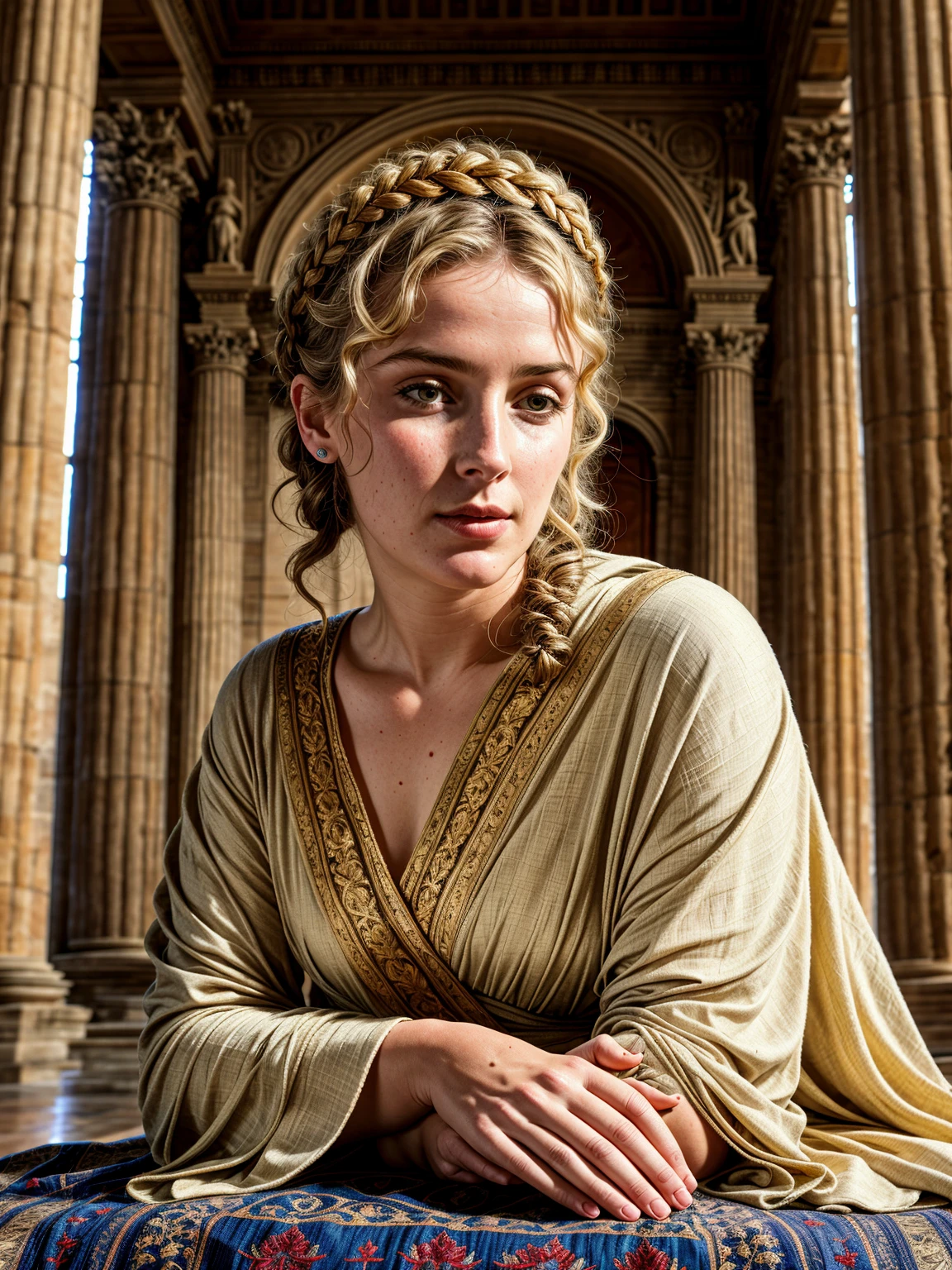 photorealistic, highest quality, RAW photo, cinematic composition, side view medium shot of a beautiful woman from ancient Roman empire sitting, (head tilted down, looking down:1.4), (faint smile, pensive look), (wearing a (long loose-fitting cloth:1.2) tunic in classical style, rich ancient style body accessories, fabulous diadem), skin texture, [skin wrinkles, skin spots], wrinkles in clothing, indoor, (ancient Roman empire hairstyle|clothes|furniture|background), (highly detailed background:1.4), (abundant details, intricate details:1.2), highly detailed clothes, volumetric lighting, sharp focus, 8k, highly detailed, UHD, HDR,  Asian-Less, 