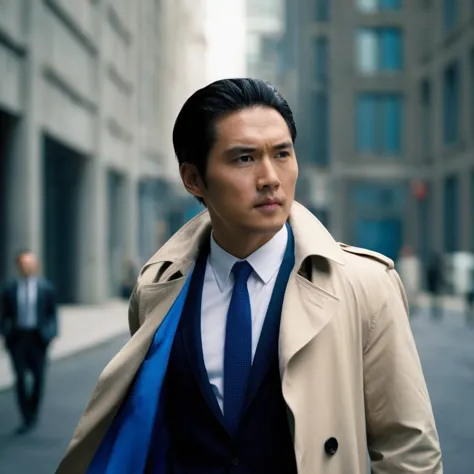cinematic film still of  <lora:Film Stock Footage Style:1>
Medium shot of an asian detective man in a trench coat and white shir...