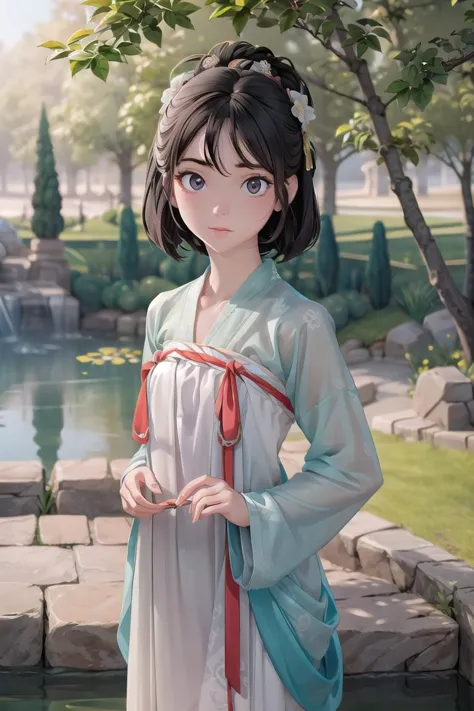 high detail, (detailed face), detailed eyes,((best quality, masterpiece)), beautiful and aesthetic, perfect lighting,Cowboy Shot, hyperrealism,dramatic lighting,<lyco:GoodHands-beta2:1.3>, 1girl, solo, looking at viewer,cute delicate face, sharp focus, hanfu,girlface, stunning innocent symmetry face, slim waist, slim legs,<lora:tangStyle26:0.8>, <lora:more_details:0.3>,stylish pose, a serene and picturesque royal garden with ponds, pavilions, and walking trails