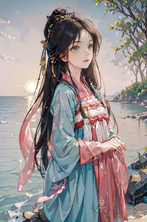 海岸美景, 1女孩, (明亮的眼睛, 晒黑的皮肤, 无忧无虑的表情), 沙滩背景, 灯塔, 温柔的海风, 俏皮的姿势, 动态合成, 黄金时段照明, 模糊的背景, 丰富的色彩, 精致细节, 超现实主义, 50mm 镜头, 轻松的氛围. 肖像摄影, 35 毫米胶片, 自然模糊,(Hanfu, 唐式服装, 粉红色上山, 红色胸前百褶裙, 绿色带粉色腰带, 红皮博),独自的