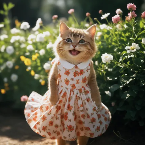 there is a cat that is standing in a dress in the grass