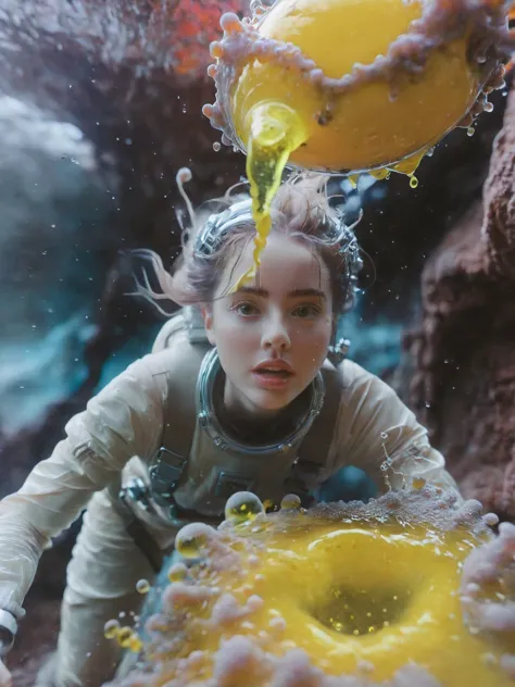 a close up of a person in a diving suit with a yellow object